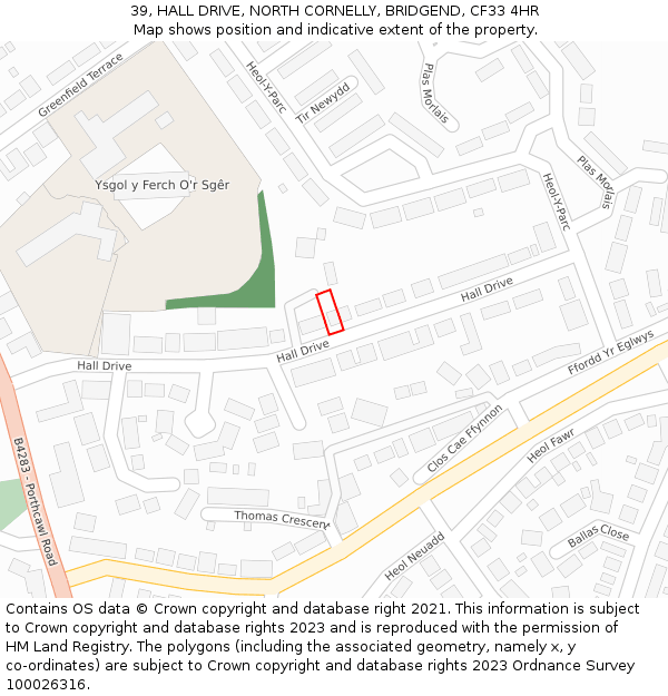 39, HALL DRIVE, NORTH CORNELLY, BRIDGEND, CF33 4HR: Location map and indicative extent of plot