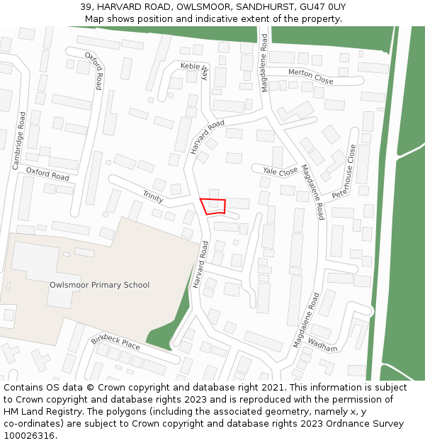 39, HARVARD ROAD, OWLSMOOR, SANDHURST, GU47 0UY: Location map and indicative extent of plot