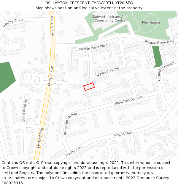 39, HAYTON CRESCENT, TADWORTH, KT20 5FG: Location map and indicative extent of plot