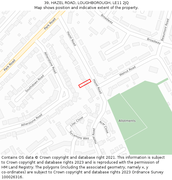 39, HAZEL ROAD, LOUGHBOROUGH, LE11 2JQ: Location map and indicative extent of plot