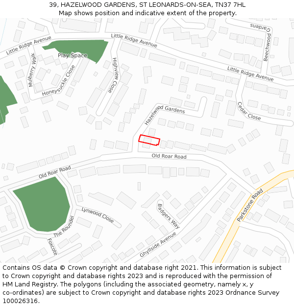 39, HAZELWOOD GARDENS, ST LEONARDS-ON-SEA, TN37 7HL: Location map and indicative extent of plot