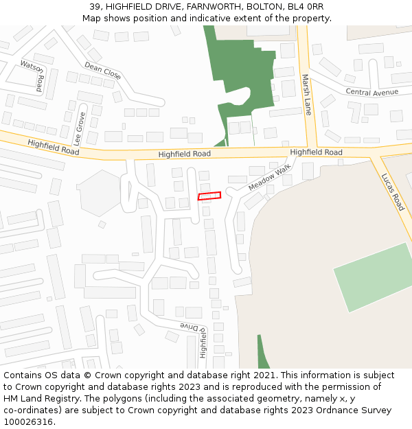 39, HIGHFIELD DRIVE, FARNWORTH, BOLTON, BL4 0RR: Location map and indicative extent of plot