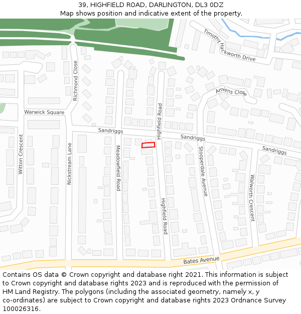 39, HIGHFIELD ROAD, DARLINGTON, DL3 0DZ: Location map and indicative extent of plot