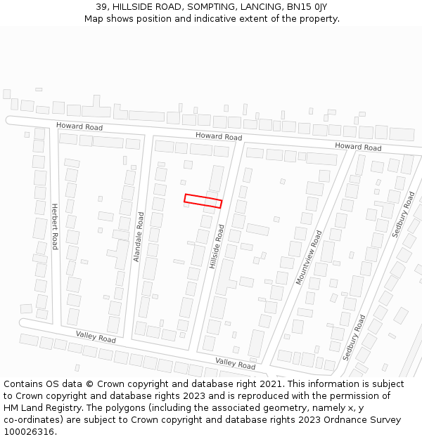 39, HILLSIDE ROAD, SOMPTING, LANCING, BN15 0JY: Location map and indicative extent of plot