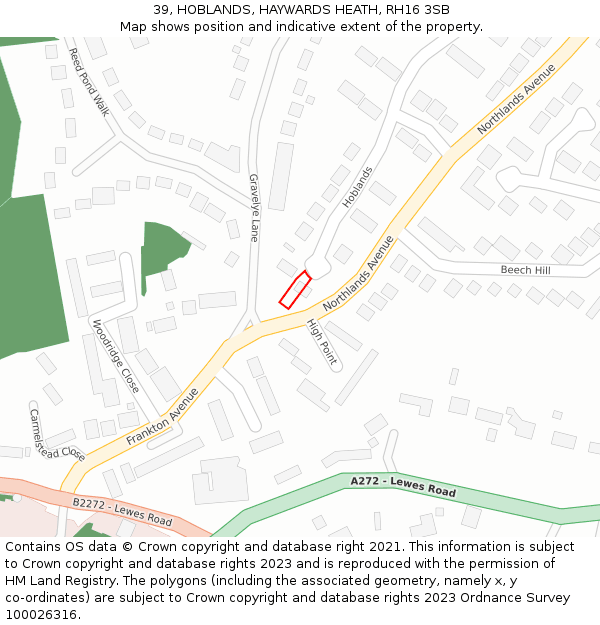 39, HOBLANDS, HAYWARDS HEATH, RH16 3SB: Location map and indicative extent of plot