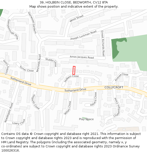 39, HOLBEIN CLOSE, BEDWORTH, CV12 8TA: Location map and indicative extent of plot
