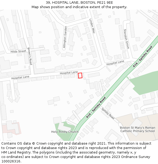 39, HOSPITAL LANE, BOSTON, PE21 9EE: Location map and indicative extent of plot