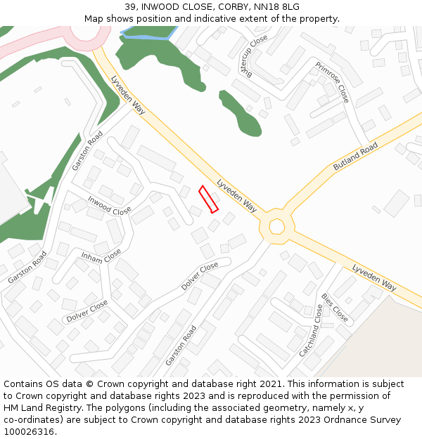 39, INWOOD CLOSE, CORBY, NN18 8LG: Location map and indicative extent of plot
