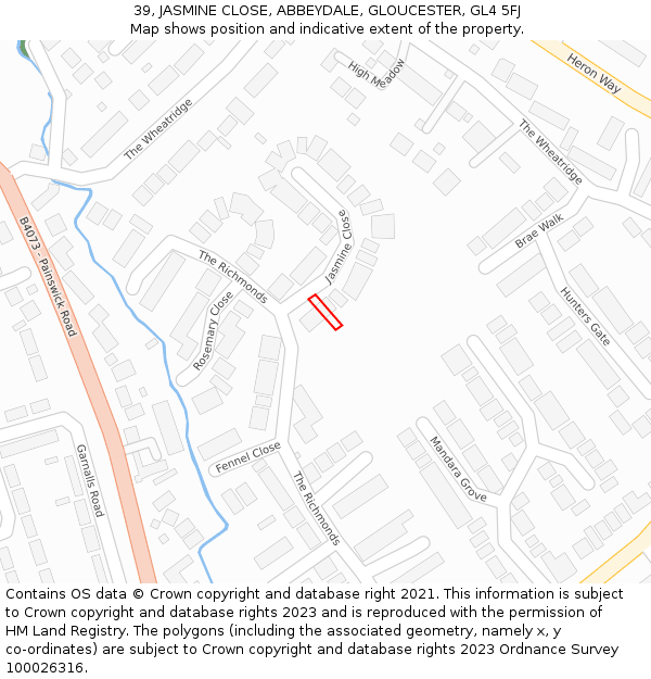 39, JASMINE CLOSE, ABBEYDALE, GLOUCESTER, GL4 5FJ: Location map and indicative extent of plot