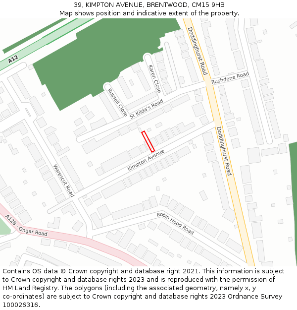 39, KIMPTON AVENUE, BRENTWOOD, CM15 9HB: Location map and indicative extent of plot