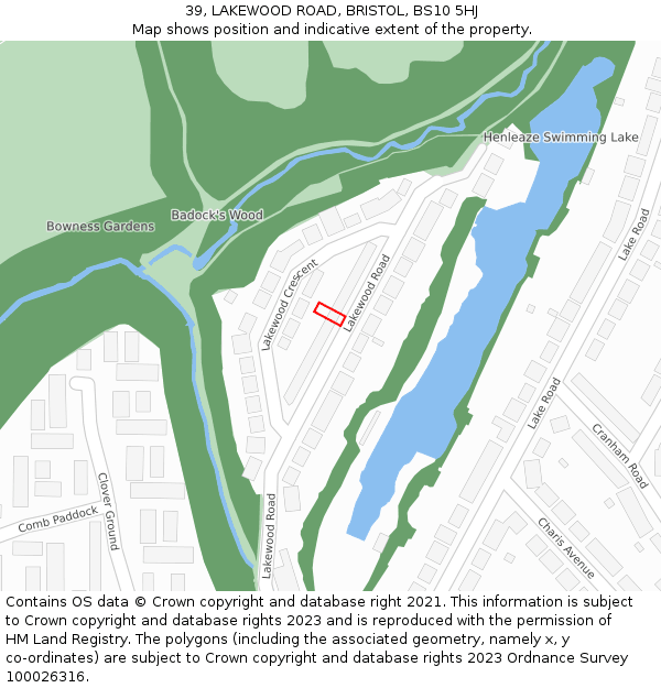 39, LAKEWOOD ROAD, BRISTOL, BS10 5HJ: Location map and indicative extent of plot