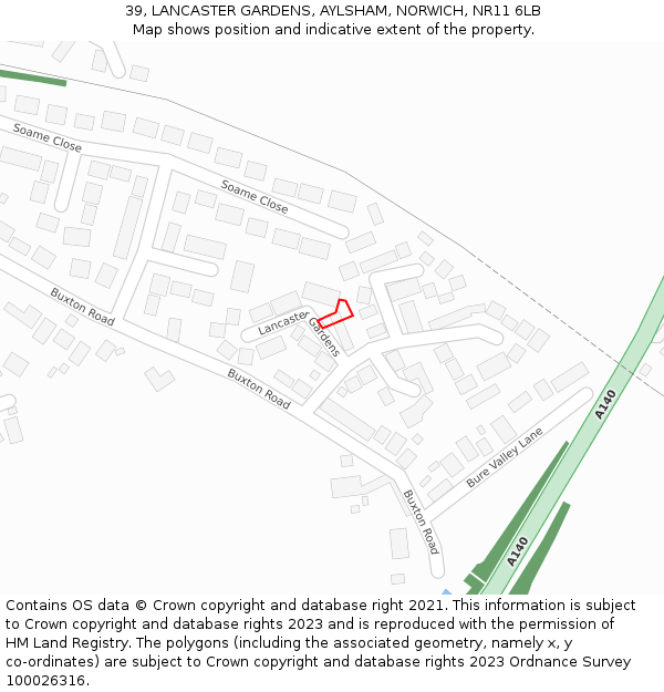 39, LANCASTER GARDENS, AYLSHAM, NORWICH, NR11 6LB: Location map and indicative extent of plot