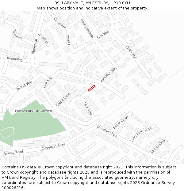 39, LARK VALE, AYLESBURY, HP19 0XU: Location map and indicative extent of plot