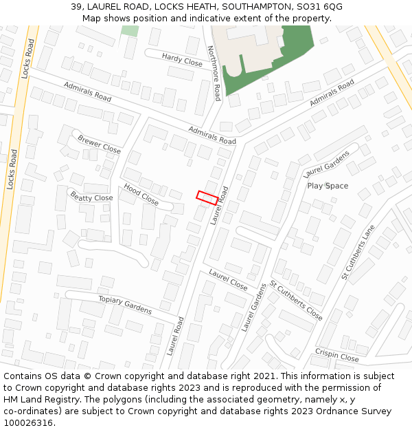 39, LAUREL ROAD, LOCKS HEATH, SOUTHAMPTON, SO31 6QG: Location map and indicative extent of plot