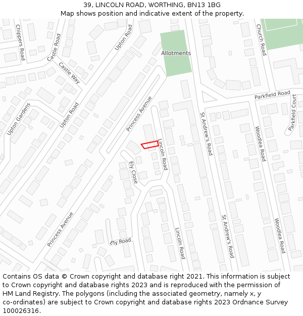 39, LINCOLN ROAD, WORTHING, BN13 1BG: Location map and indicative extent of plot