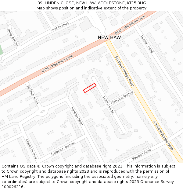 39, LINDEN CLOSE, NEW HAW, ADDLESTONE, KT15 3HG: Location map and indicative extent of plot