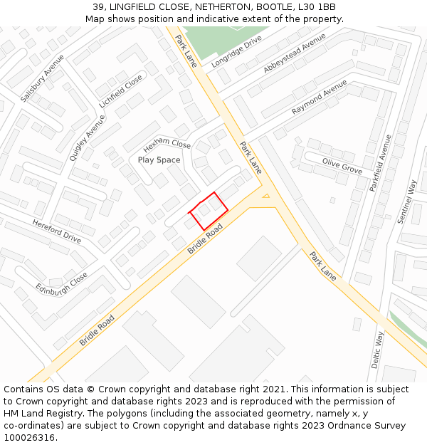 39, LINGFIELD CLOSE, NETHERTON, BOOTLE, L30 1BB: Location map and indicative extent of plot