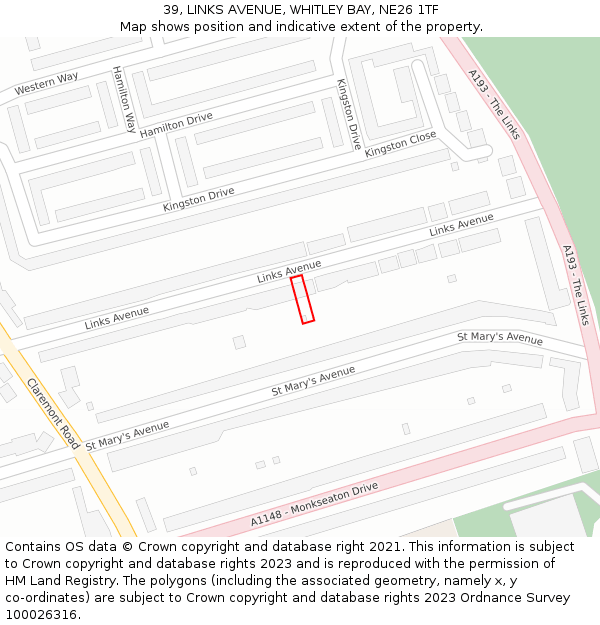 39, LINKS AVENUE, WHITLEY BAY, NE26 1TF: Location map and indicative extent of plot
