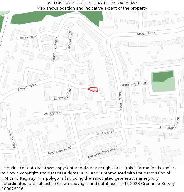 39, LONGWORTH CLOSE, BANBURY, OX16 3WN: Location map and indicative extent of plot
