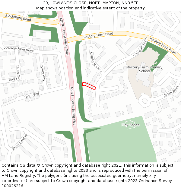 39, LOWLANDS CLOSE, NORTHAMPTON, NN3 5EP: Location map and indicative extent of plot