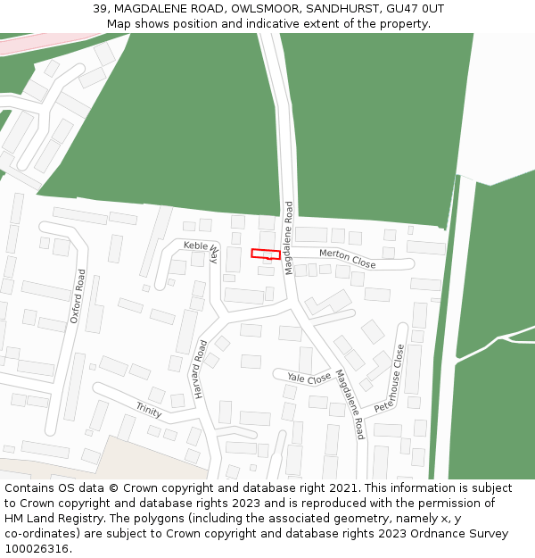 39, MAGDALENE ROAD, OWLSMOOR, SANDHURST, GU47 0UT: Location map and indicative extent of plot