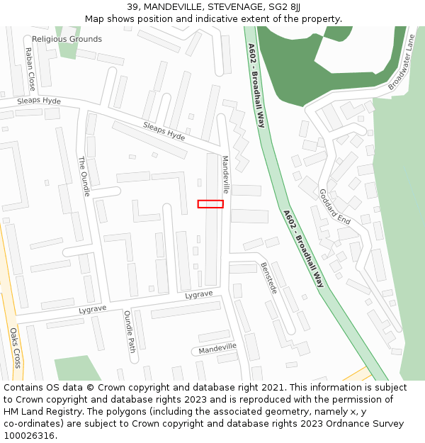 39, MANDEVILLE, STEVENAGE, SG2 8JJ: Location map and indicative extent of plot
