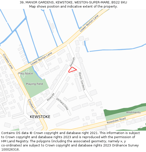39, MANOR GARDENS, KEWSTOKE, WESTON-SUPER-MARE, BS22 9XU: Location map and indicative extent of plot