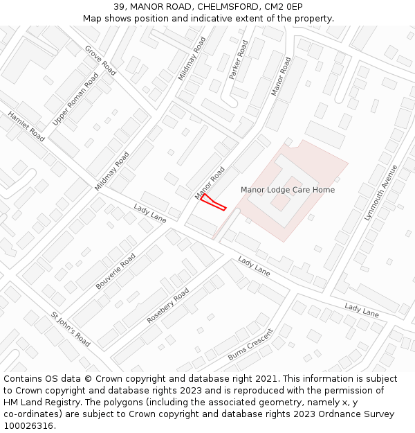 39, MANOR ROAD, CHELMSFORD, CM2 0EP: Location map and indicative extent of plot