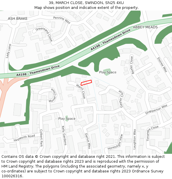 39, MARCH CLOSE, SWINDON, SN25 4XU: Location map and indicative extent of plot