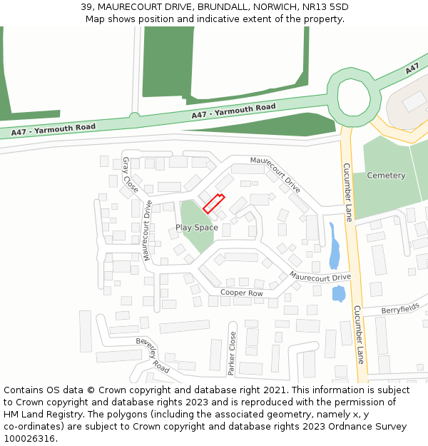 39, MAURECOURT DRIVE, BRUNDALL, NORWICH, NR13 5SD: Location map and indicative extent of plot