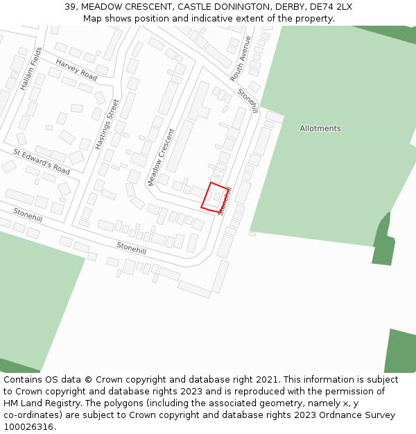 39, MEADOW CRESCENT, CASTLE DONINGTON, DERBY, DE74 2LX: Location map and indicative extent of plot