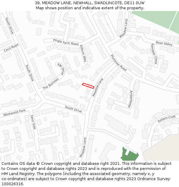 39, MEADOW LANE, NEWHALL, SWADLINCOTE, DE11 0UW: Location map and indicative extent of plot