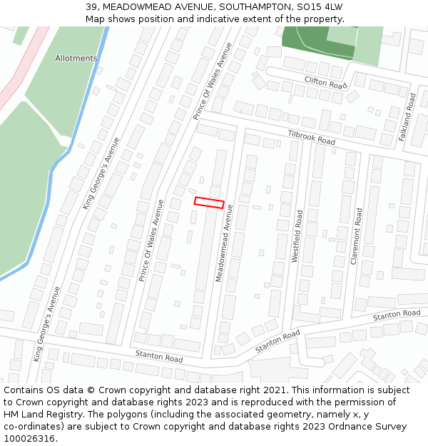 39, MEADOWMEAD AVENUE, SOUTHAMPTON, SO15 4LW: Location map and indicative extent of plot
