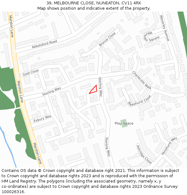 39, MELBOURNE CLOSE, NUNEATON, CV11 4RX: Location map and indicative extent of plot