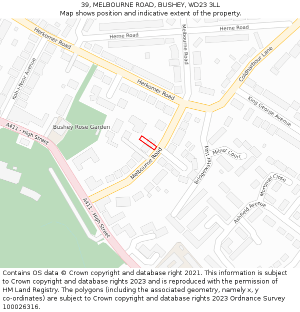 39, MELBOURNE ROAD, BUSHEY, WD23 3LL: Location map and indicative extent of plot