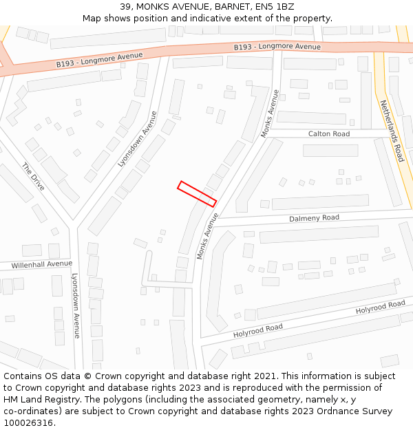 39, MONKS AVENUE, BARNET, EN5 1BZ: Location map and indicative extent of plot