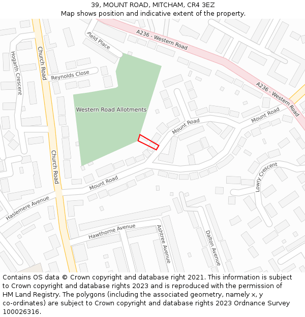39, MOUNT ROAD, MITCHAM, CR4 3EZ: Location map and indicative extent of plot