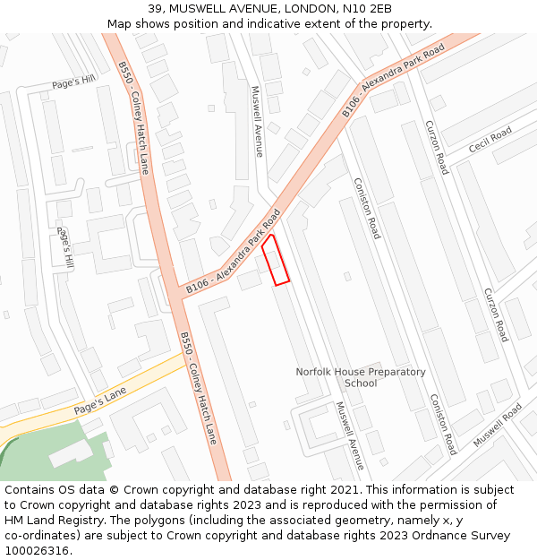 39, MUSWELL AVENUE, LONDON, N10 2EB: Location map and indicative extent of plot