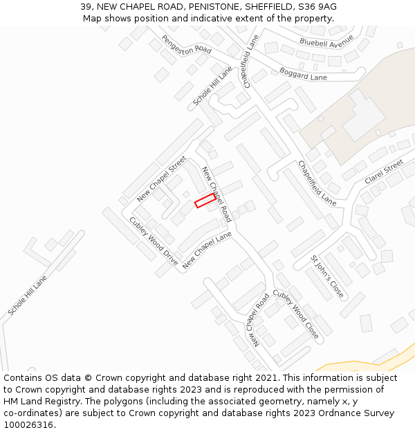 39, NEW CHAPEL ROAD, PENISTONE, SHEFFIELD, S36 9AG: Location map and indicative extent of plot