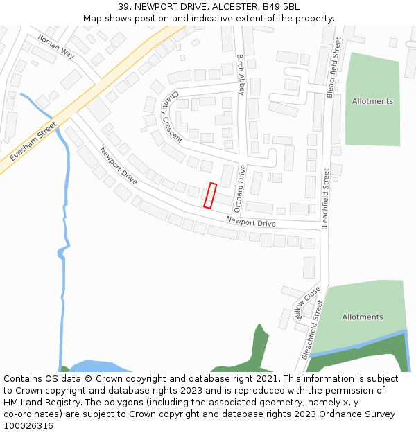 39, NEWPORT DRIVE, ALCESTER, B49 5BL: Location map and indicative extent of plot