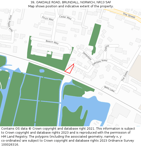 39, OAKDALE ROAD, BRUNDALL, NORWICH, NR13 5AF: Location map and indicative extent of plot