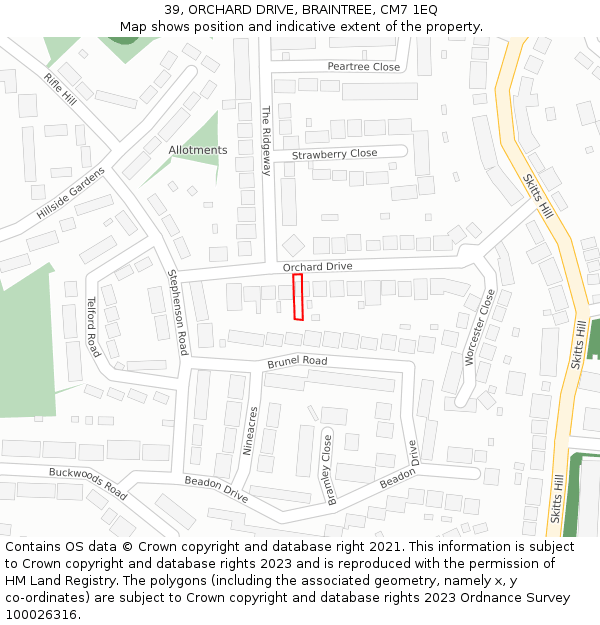 39, ORCHARD DRIVE, BRAINTREE, CM7 1EQ: Location map and indicative extent of plot