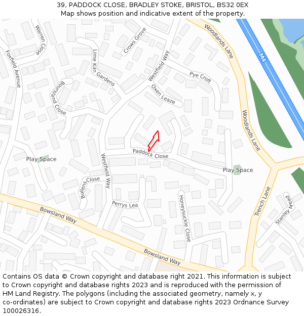 39, PADDOCK CLOSE, BRADLEY STOKE, BRISTOL, BS32 0EX: Location map and indicative extent of plot