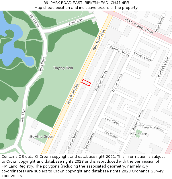 39, PARK ROAD EAST, BIRKENHEAD, CH41 4BB: Location map and indicative extent of plot