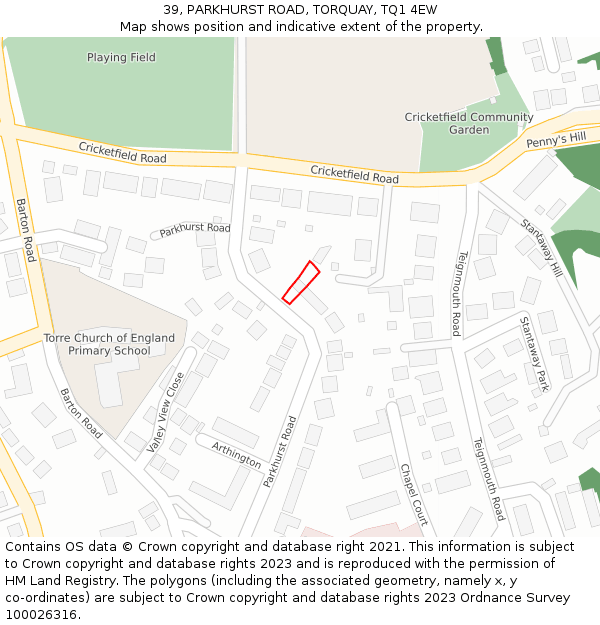 39, PARKHURST ROAD, TORQUAY, TQ1 4EW: Location map and indicative extent of plot