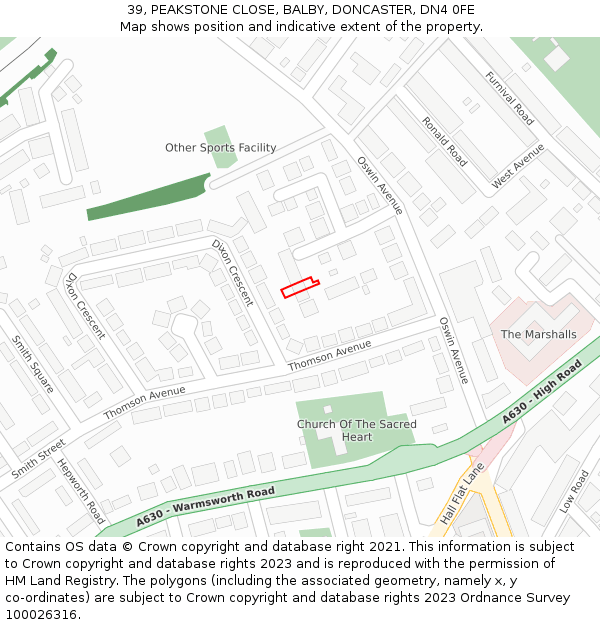 39, PEAKSTONE CLOSE, BALBY, DONCASTER, DN4 0FE: Location map and indicative extent of plot