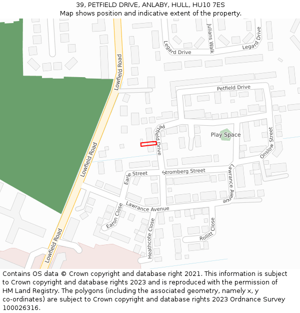 39, PETFIELD DRIVE, ANLABY, HULL, HU10 7ES: Location map and indicative extent of plot