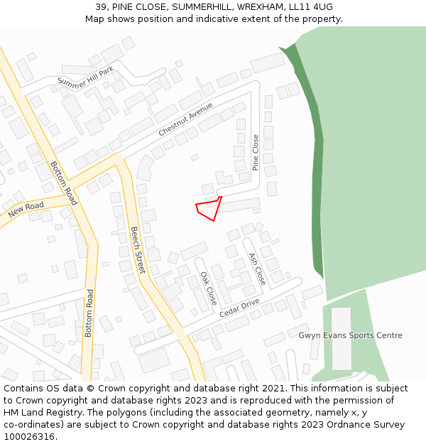 39, PINE CLOSE, SUMMERHILL, WREXHAM, LL11 4UG: Location map and indicative extent of plot
