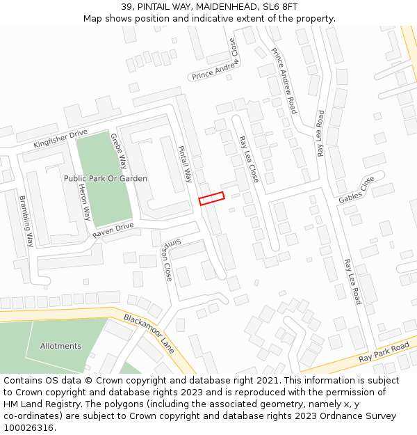 39, PINTAIL WAY, MAIDENHEAD, SL6 8FT: Location map and indicative extent of plot