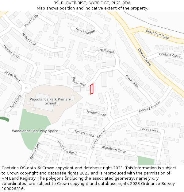 39, PLOVER RISE, IVYBRIDGE, PL21 9DA: Location map and indicative extent of plot